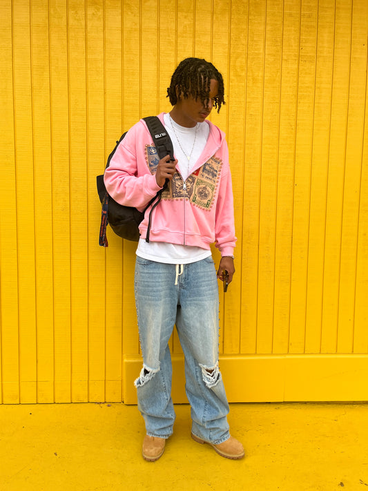 Pink Postal Card Zip UP Hoodie