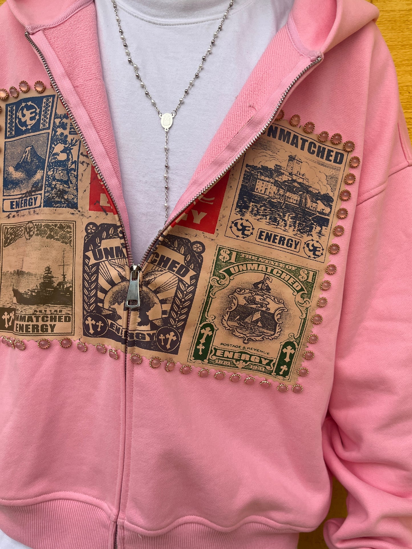 Pink Postal Card Zip UP Hoodie