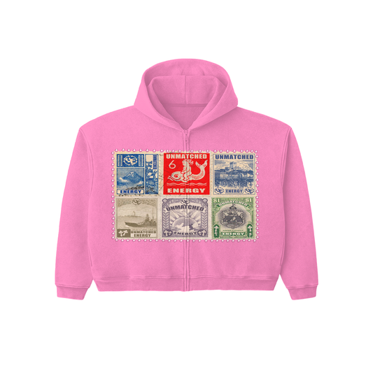 Pink Postal Card Zip UP Hoodie